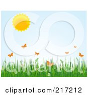 Poster, Art Print Of Sun In A Pastel Blue Sky Over Orange Butterflies Grass And Flowers