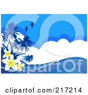 Blue Tropical Background Of Plumeria Flowers Birds Palm Trees Clouds And Waves