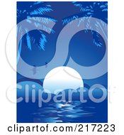 Poster, Art Print Of Blue Tropical Background Of Birds Flying Over The Setting Sun And Palm Trees