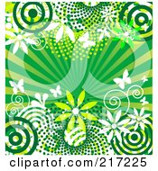 Poster, Art Print Of Green Burst Background Witih Circles Flowers Bursts And Butterflies