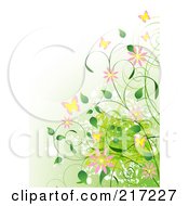 Poster, Art Print Of Gradient Green Background With Vines Flowers And Butterflies