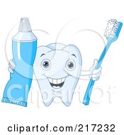 Poster, Art Print Of Cute Tooth Character Holding Out Tooth Paste And A Brush