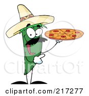Royalty Free RF Clipart Illustration Of A Green Pepper Character Holding A Pizza