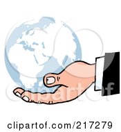Royalty Free RF Clipart Illustration Of A Caucasian Hand Holding A Blue Globe