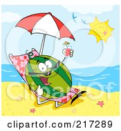 Poster, Art Print Of Happy Watermelon Holding Up A Beverage And Sun Bathing On A Beach