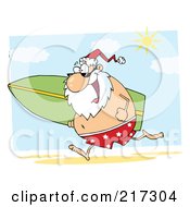 Poster, Art Print Of Santa Running On A Beach With A Surfboard