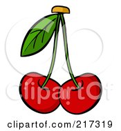 Royalty Free RF Clipart Illustration Of Two Cherries On Stems With A Leaf