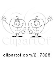 Royalty Free RF Clipart Illustration Of Two Outlined Apple Characters Waving