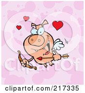 Royalty Free RF Clipart Illustration Of A Cupid Pig On A Pink Heart Patterned Background
