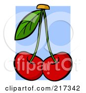 Poster, Art Print Of Two Red Cherries On Stems With A Leaf