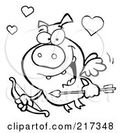 Royalty Free RF Clipart Illustration Of A Black And White Coloring Page Outline Of A Cupid Piggy