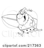 Royalty Free RF Clipart Illustration Of An Outlined Santa In Shorts Running With A Surfboard