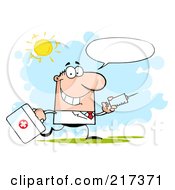 Royalty Free RF Clipart Illustration Of A Running Male Doctor With A Syringe And Word Balloon