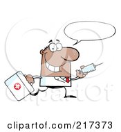 Poster, Art Print Of Running Male Black Doctor With A Syringe And Word Balloon