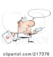 Poster, Art Print Of Running Male Caucasian Doctor With A Syringe And Word Balloon