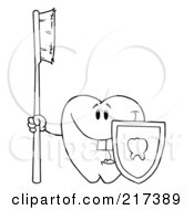 Royalty Free RF Clipart Illustration Of An Outlined Dental Tooth Character Holding A Toothbrush And Shield