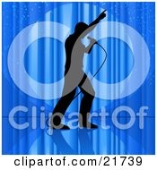 Clipart Picture Illustration Of A Silhouetted Man Singing Into A Microphone And Pointing Upwards While Performing On A Stage In Front Of Blue Curtains