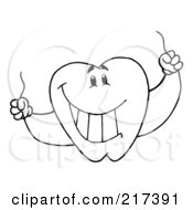 Outlined Dental Tooth Character Holding Floss