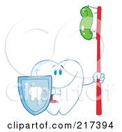 Royalty Free RF Clipart Illustration Of A Dental Tooth Character With A Shield And Red Tooth Brush