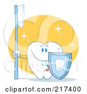 Poster, Art Print Of Dental Tooth Character Holding A Blue Toothbrush And Shield