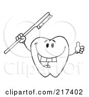 Poster, Art Print Of Outlined Dental Tooth Character Holding A Red Tooth Brush And Thumbs Up