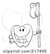 Poster, Art Print Of Outlined Dental Tooth Character Holding A Toothbrush With Paste