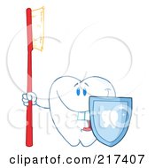 Royalty Free RF Clipart Illustration Of A Dental Tooth Character Holding A Red Toothbrush And Shield