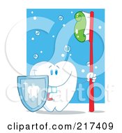 Royalty Free RF Clipart Illustration Of A Tooth Character With A Shield And Red Tooth Brush by Hit Toon