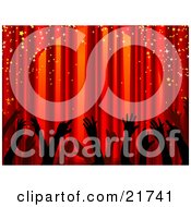 Clipart Picture Illustration Of Silhouetted Hands Waving In The Air Under Sparkling Confetti In Front Of Closed Red Stage Curtains by Tonis Pan