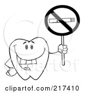 Royalty Free RF Clipart Illustration Of An Outlined Dental Tooth Character Holding A No Smoking Sign