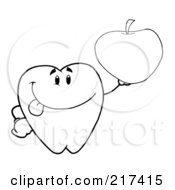 Royalty Free RF Clipart Illustration Of An Outlined Dental Tooth Character Holding An Apple