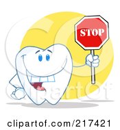 Royalty Free RF Clipart Illustration Of A Tooth Character Holding A Stop Sign Over A Yellow Circle