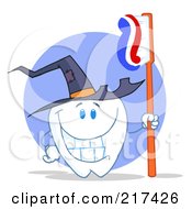 Tooth Character Holding A Toothbrush And Wearing A Witch Hat
