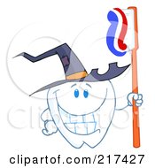 Tooth Character Holding A Tooth Brush And Wearing A Witch Hat