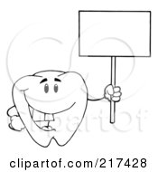 Royalty Free RF Clipart Illustration Of An Outlined Tooth Character Holding Up A Small Blank Sign