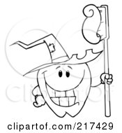 Outlined Tooth Character Holding A Tooth Brush And Wearing A Witch Hat
