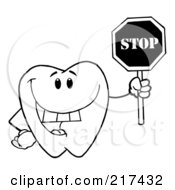 Royalty Free RF Clipart Illustration Of An Outlined Tooth Character Smiling And Holding A Stop Sign by Hit Toon