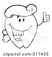 Royalty Free RF Clipart Illustration Of An Outlined Tooth Character With A Tooth Paste Wig Holding A Thumb Up by Hit Toon