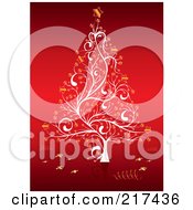 Poster, Art Print Of Ornate White Christmas Tree With Golden Stars On Red