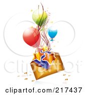 Poster, Art Print Of Golden Birthday Envelope With Stars Ribbons And Balloons On White