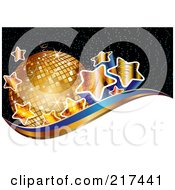 Gradient Golden Stars By A Disco Ball Above White Gold And Blue Waves On Black