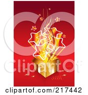 Poster, Art Print Of Bursting Golden Gift Box With Stars On Red