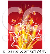 Poster, Art Print Of Burst Of Gradient Stars With Ribbons And Waves On Red