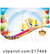 Poster, Art Print Of Golden Stars And Colorful Balloons By A Gift Box Over Blue And White