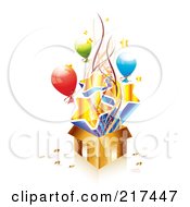 Poster, Art Print Of Golden Birthday Gift Box With Balloons Ribbons And Stars