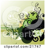 Poster, Art Print Of Black Paint Sprays With Orange And Green Circles And Black Vines Over Horizontal Lines On A Gradient Green Background