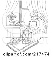 Poster, Art Print Of Coloring Page Outline Of A Cat Napping In A Window While An Old Woman Knits
