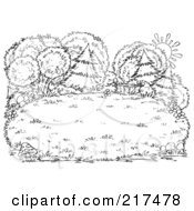 Royalty Free RF Clipart Illustration Of A Coloring Page Outline Of A Sun Behind Lush Trees And Bushes