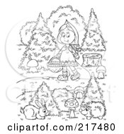 Poster, Art Print Of Coloring Page Outline Of A Girl Walking Down A Path With Wild Creatures