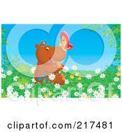 Royalty Free RF Clipart Illustration Of A Happy Hippo Sitting In Wildflowers With A Butterfly On His Nose by Alex Bannykh